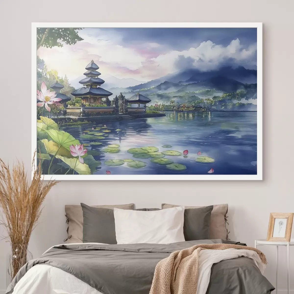 Poster Isola indonesiana, tempio, buddismo, natura tropicale, stile acquerello f44148