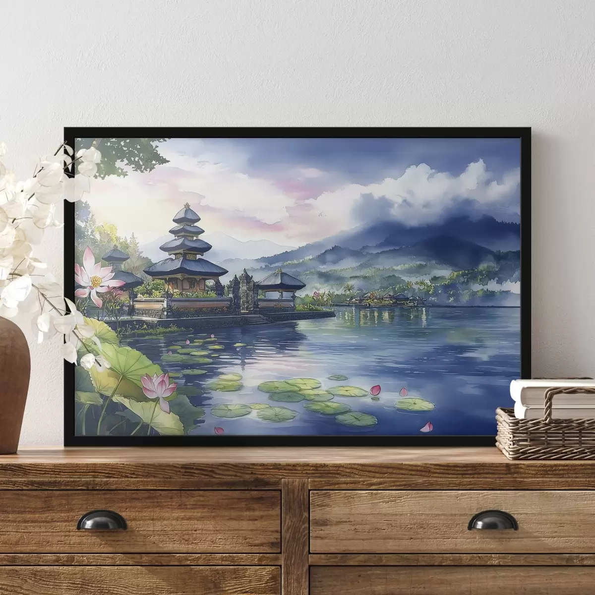 Poster Isola indonesiana, tempio, buddismo, natura tropicale, stile acquerello f44148