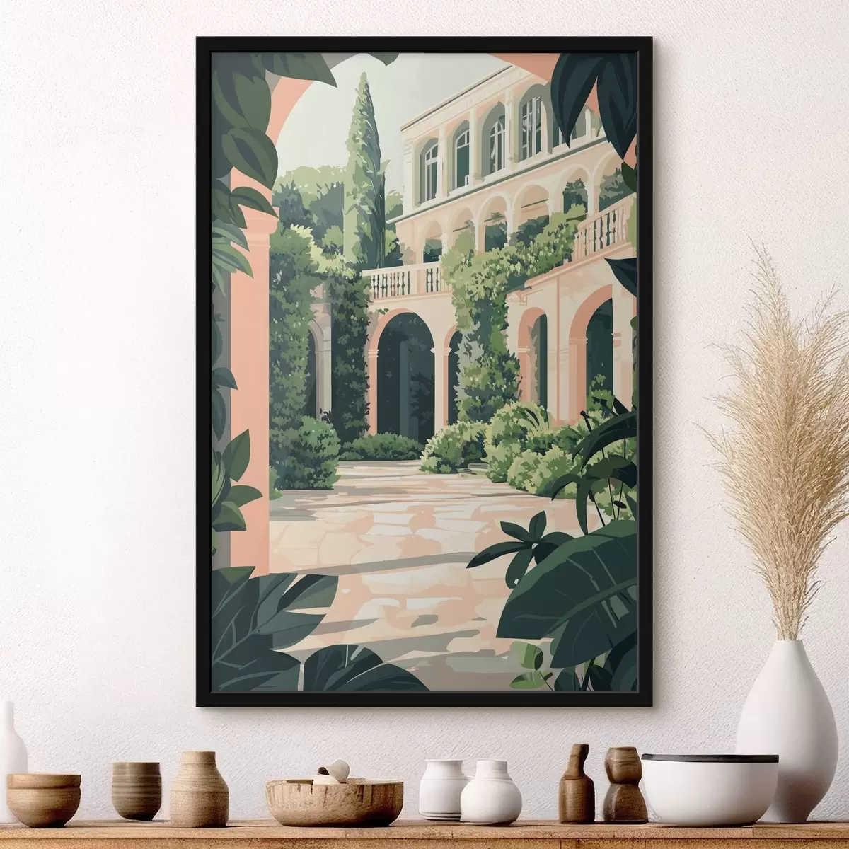 Poster Architettura mediterranea, natura tropicale, stile piatto, villa con giardino f44150