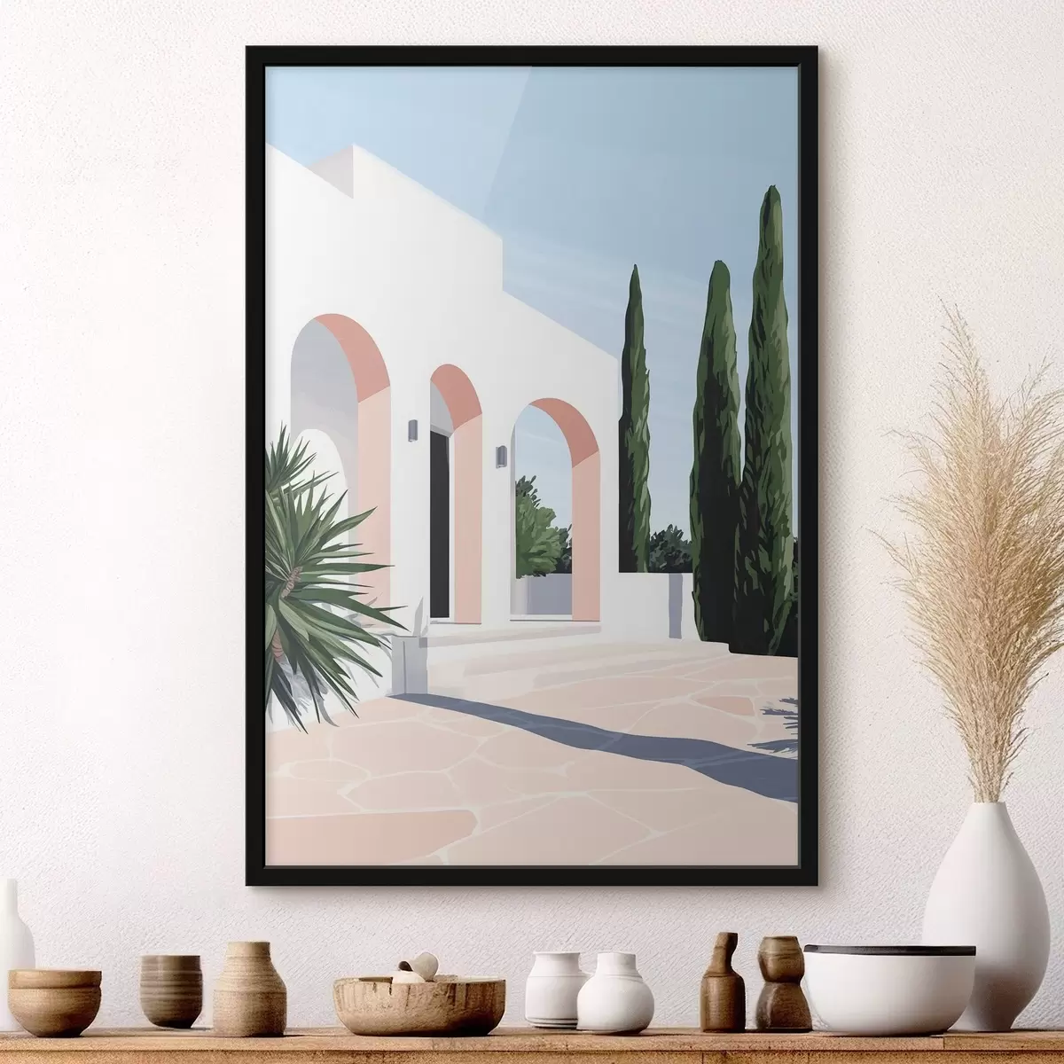 Poster Villa bianca con archi e giardino tropicale, stile mediterraneo e pianeggiante f44153