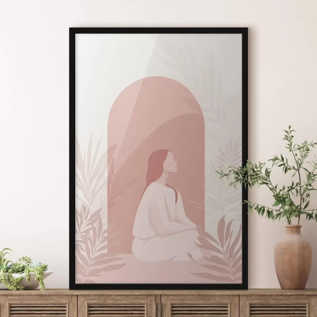 Poster Donna in meditazione, stile piatto, piante tropicali, colori rosa f44154