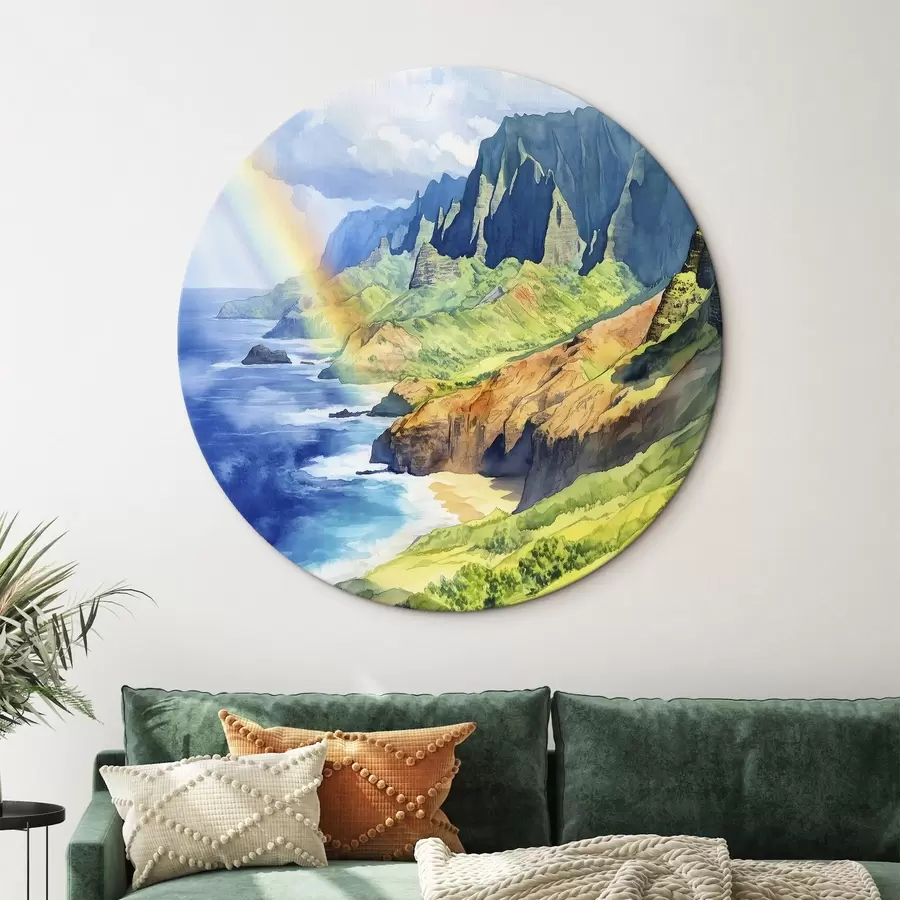 carta da parati Isola delle Hawaii, stile acquerello, arcobaleno, montagne verdi, oceano nr. r44141