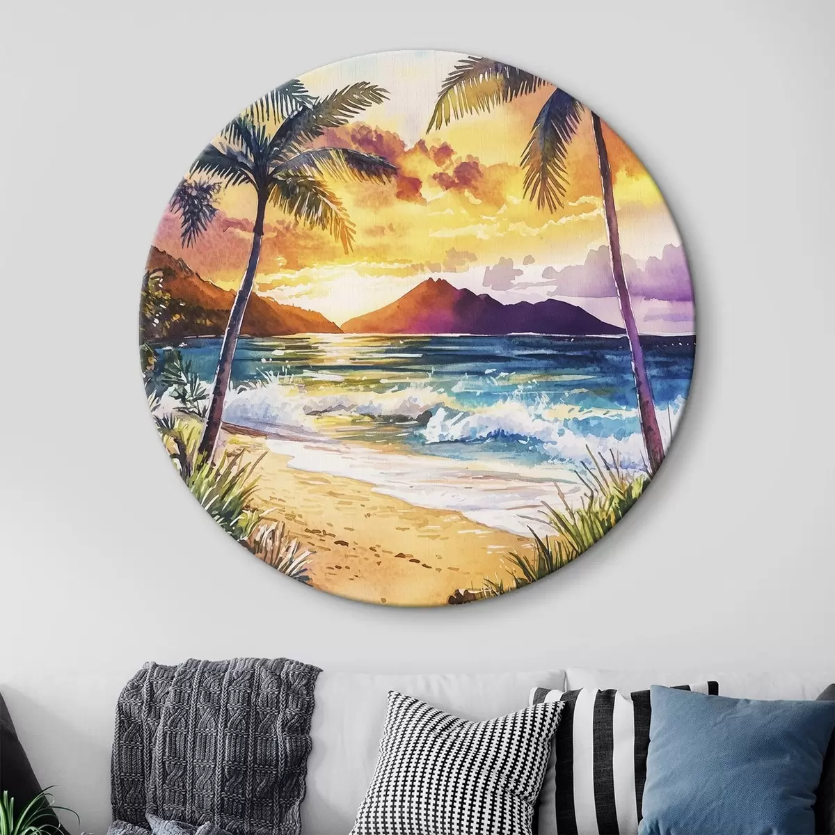 Quadri rotondi Tramonto sull'isola delle Hawaii, palme, oceano, cielo colorato, stile acquerello r44142