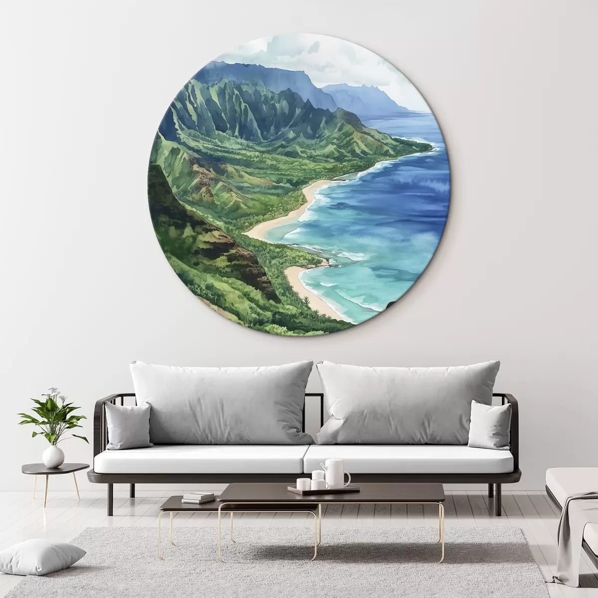 Quadri rotondi Montagne verdi, Hawaii, oceano, tropicale, acquerello r44143