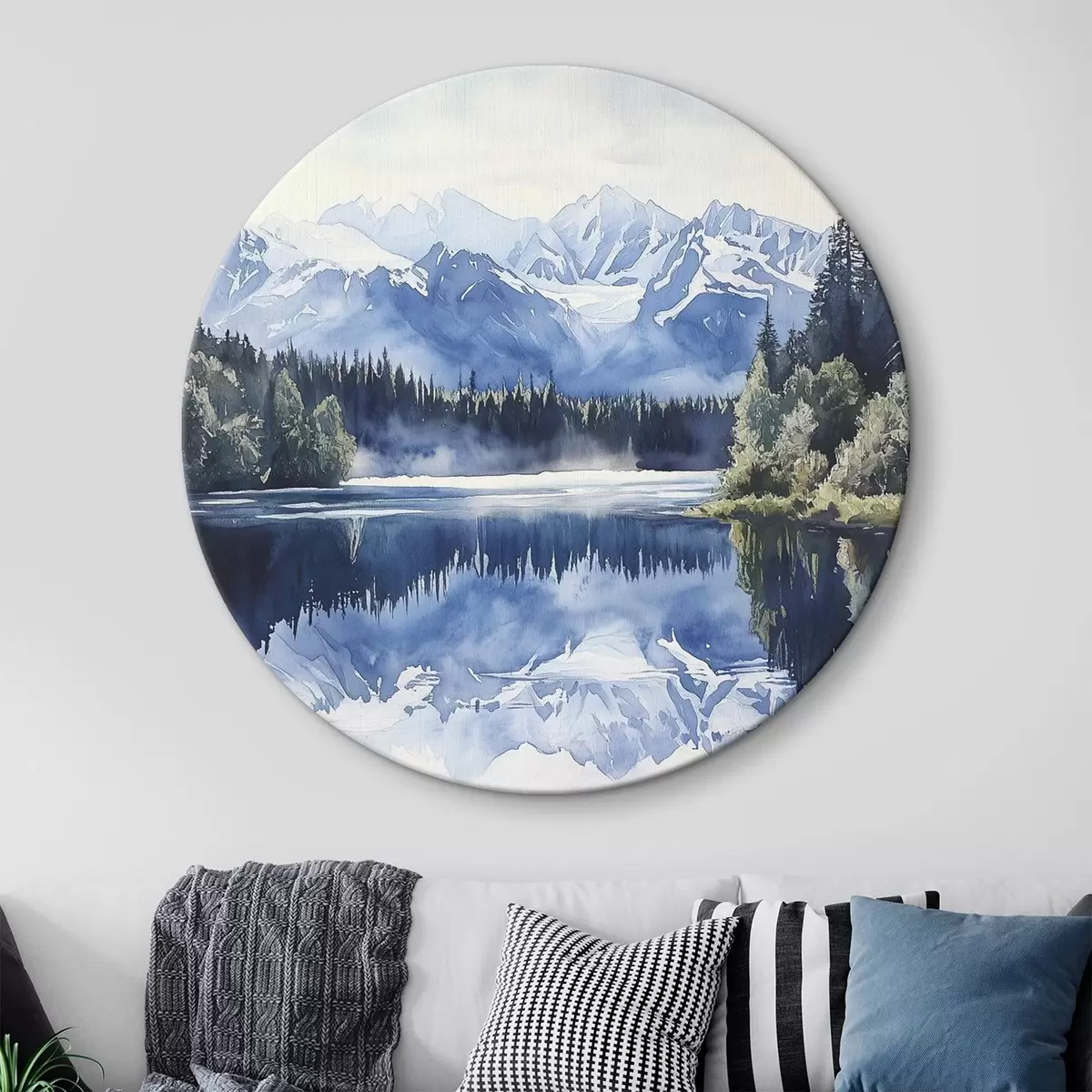 Quadri rotondi Belle montagne in Nuova Zelanda, stile acquerello, lago, foresta r44144