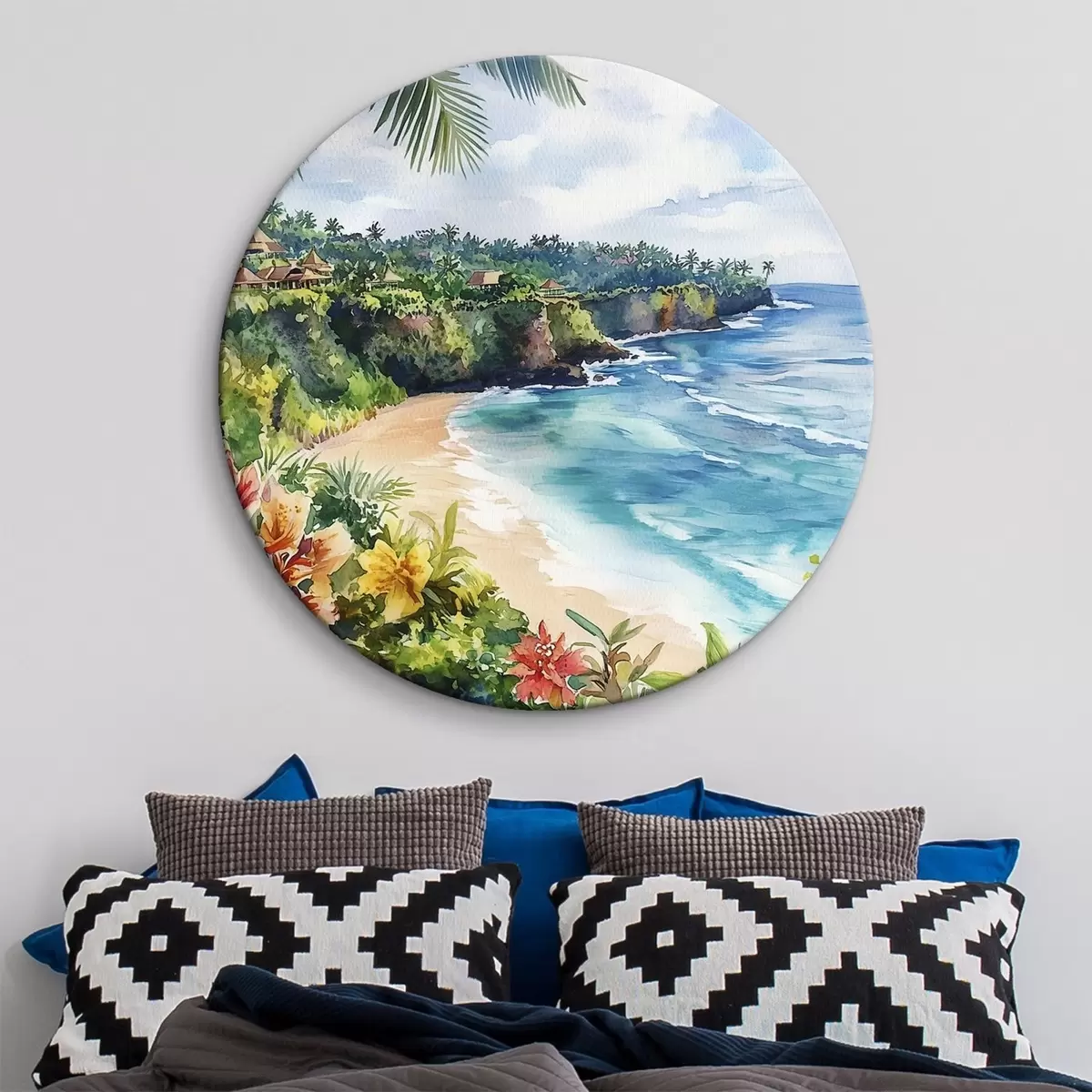 Quadri rotondi Spiaggia oceanica tropicale, palme, fiori, stile acquerello r44145