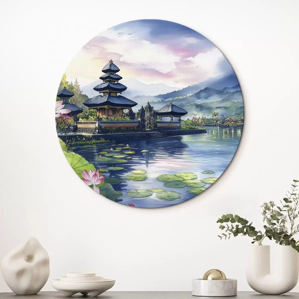 Quadri rotondi Isola indonesiana, tempio, buddismo, natura tropicale, stile acquerello r44148
