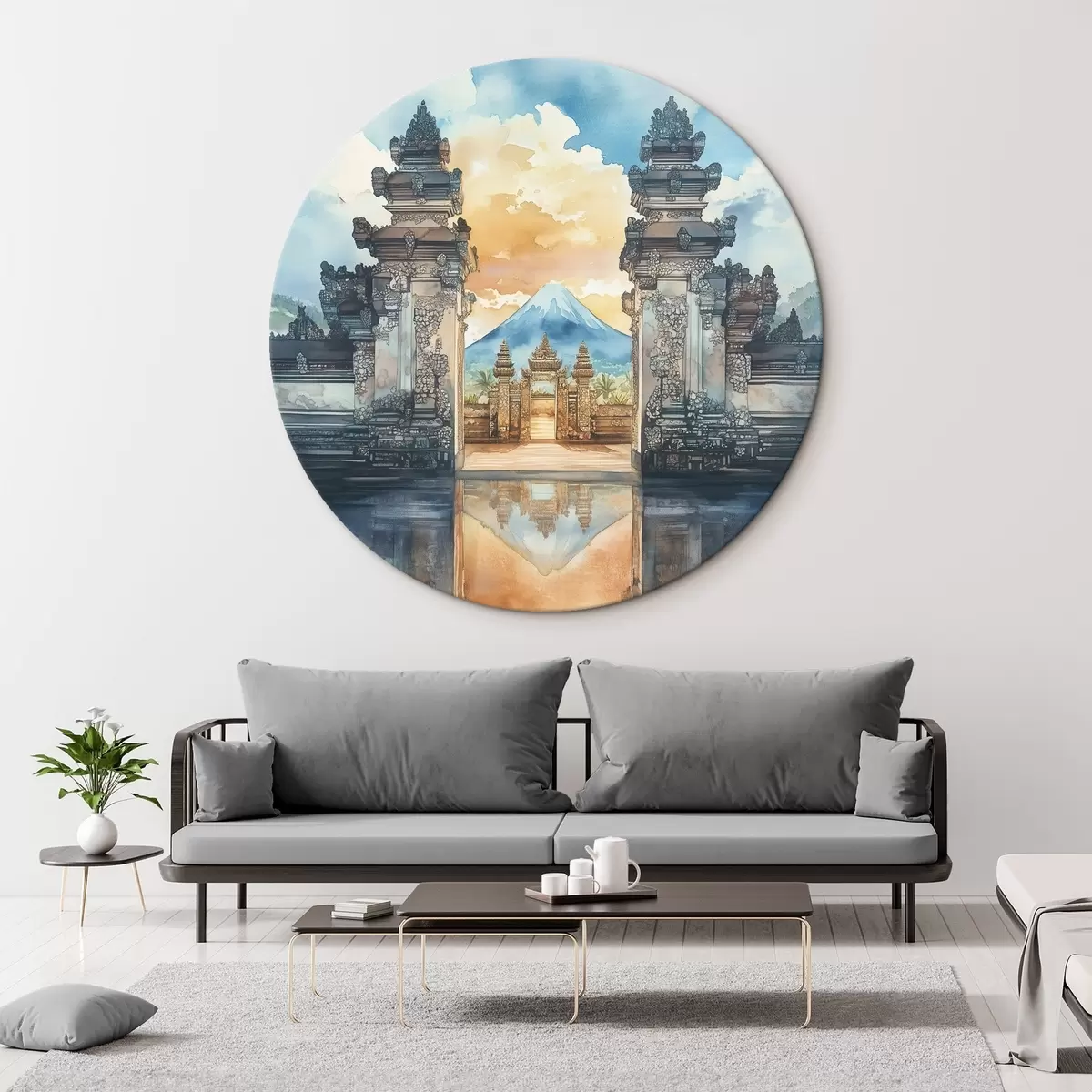 Quadri rotondi Estetica di Bali, tempio, cielo al tramonto, natura tropicale, stile acquerello r44149