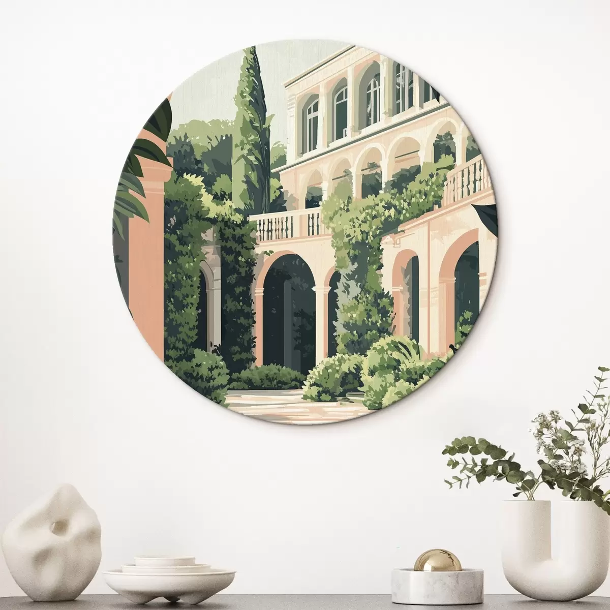 Quadri rotondi Architettura mediterranea, natura tropicale, stile piatto, villa con giardino r44150