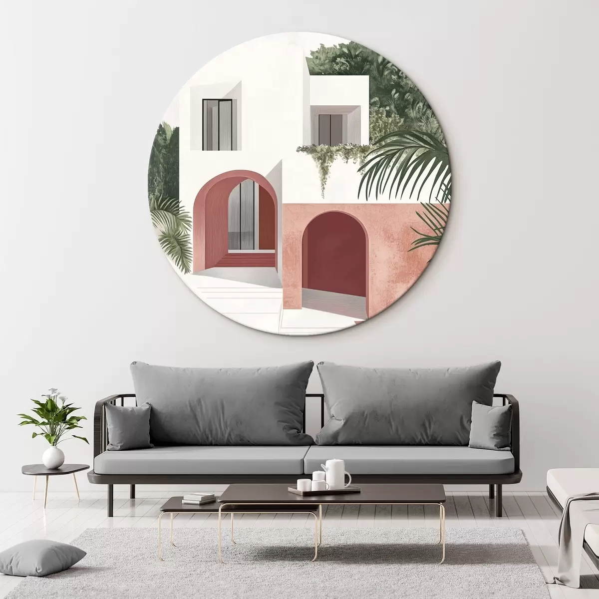 Quadri rotondi Villa con giardino tropicale, mediterranea, in stile acrilico r44151