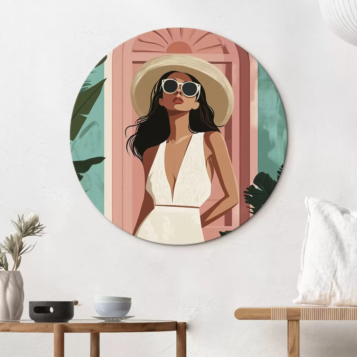Quadri rotondi Donna con occhiali da sole e cappello, natura tropicale, architettura r44152