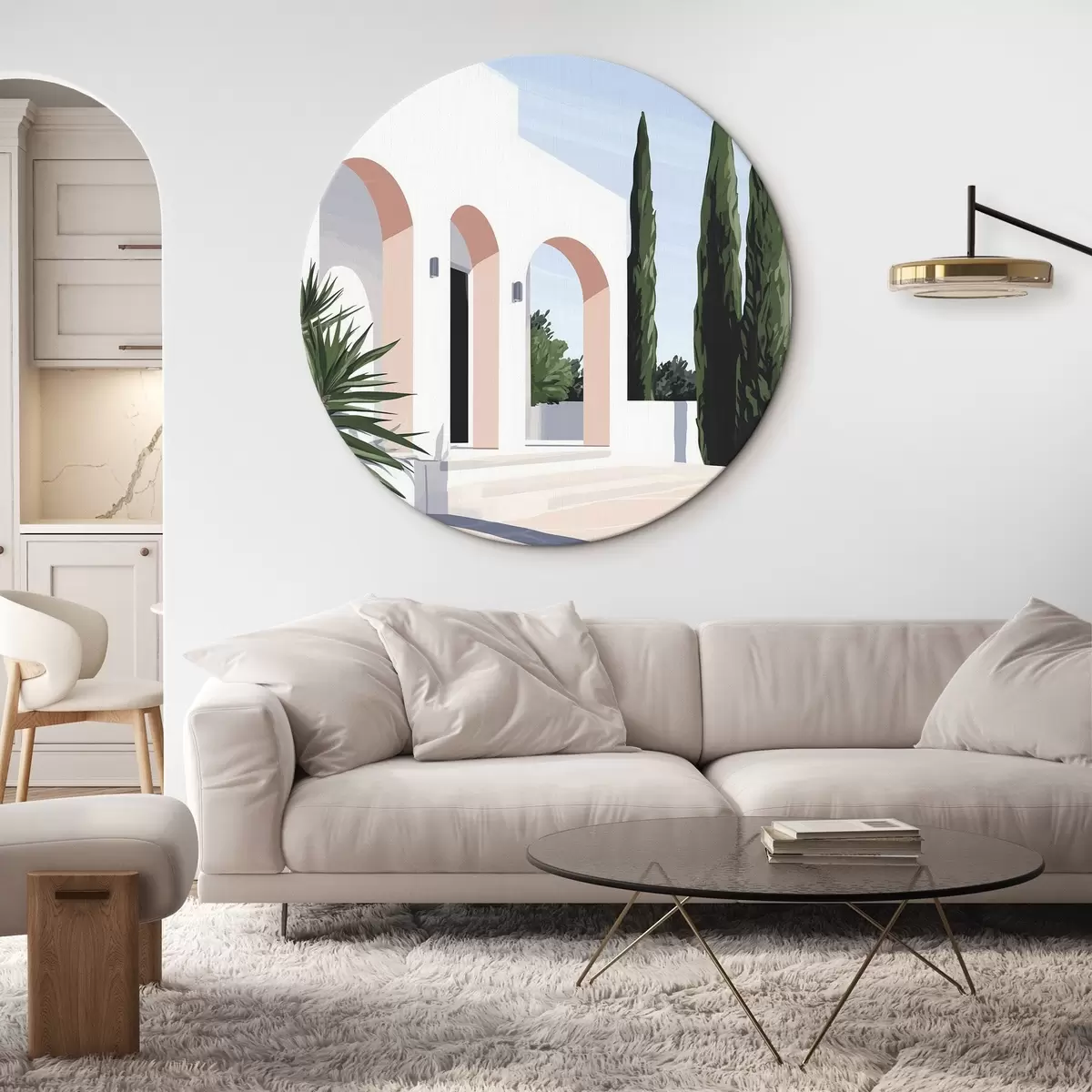 Quadri rotondi Villa bianca con archi e giardino tropicale, stile mediterraneo e pianeggiante r44153