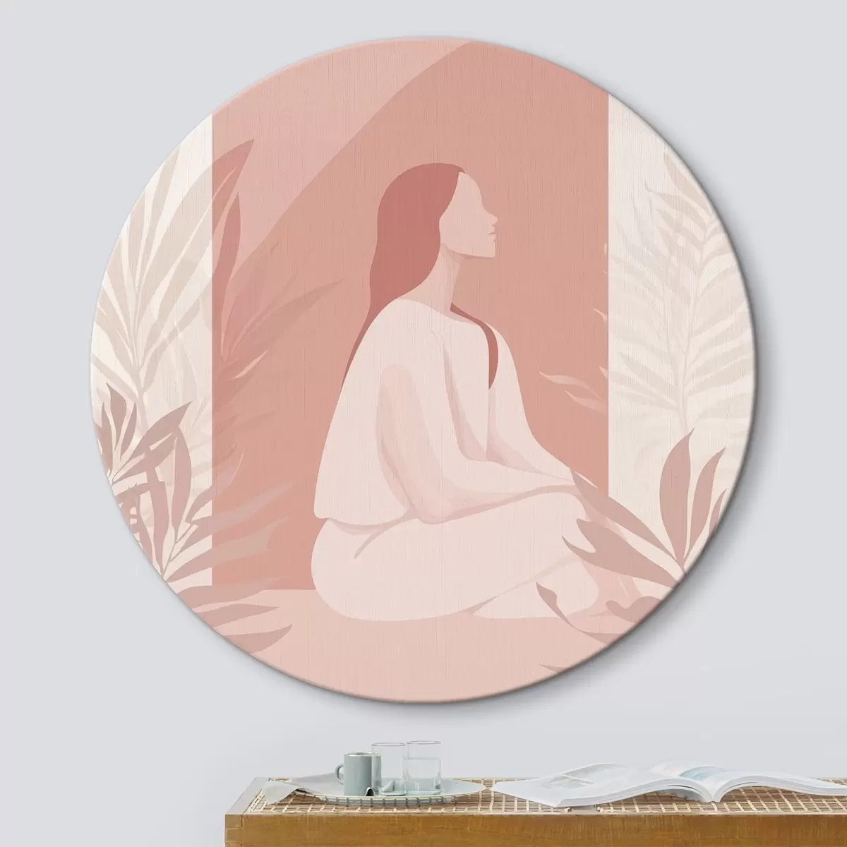 Quadri rotondi Donna in meditazione, stile piatto, piante tropicali, colori rosa r44154