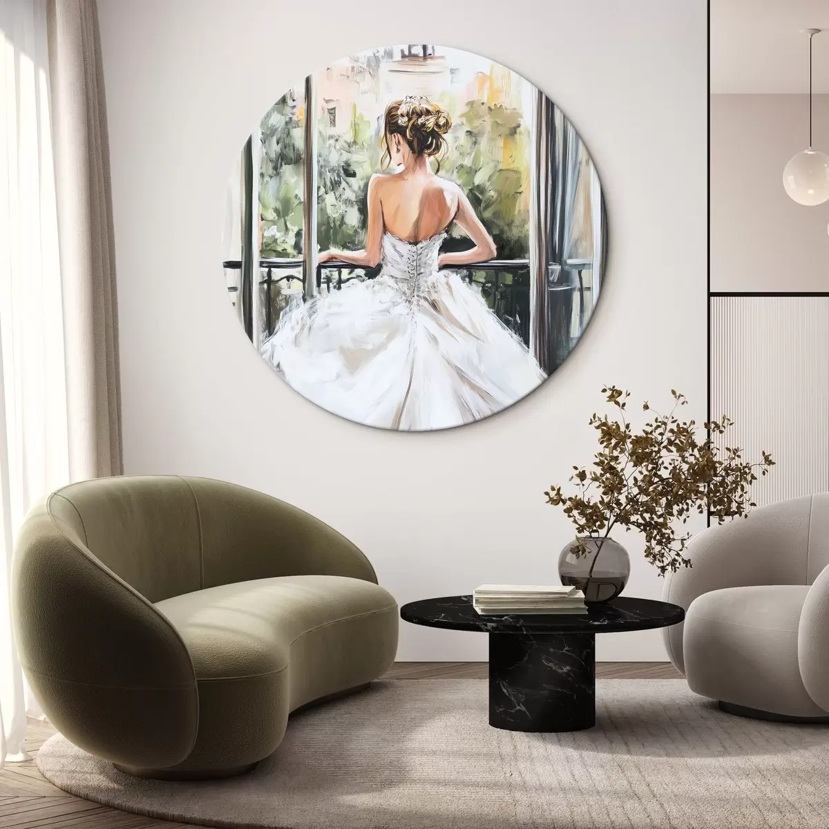 Quadri rotondi Ragazza in abito bianco sul balcone r44226