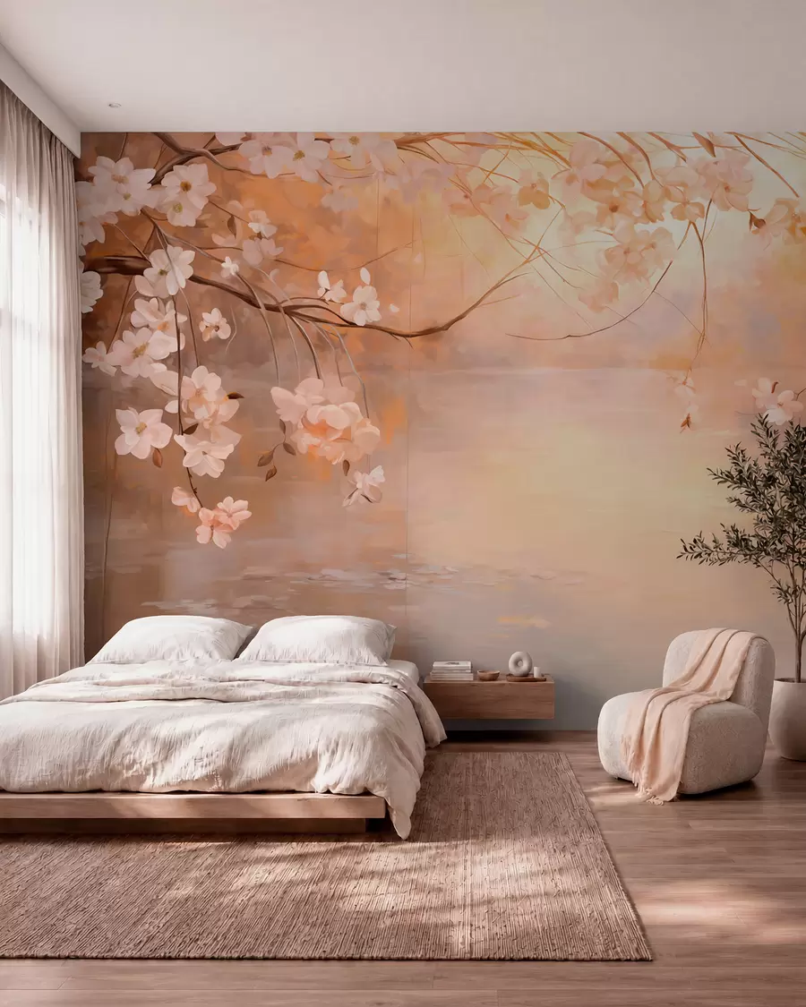 Carta da parati Floreale Paesaggio astratto con ramo in fiore e fiori bianchi sospesi su un lago, colori pastello tenui n. w09046