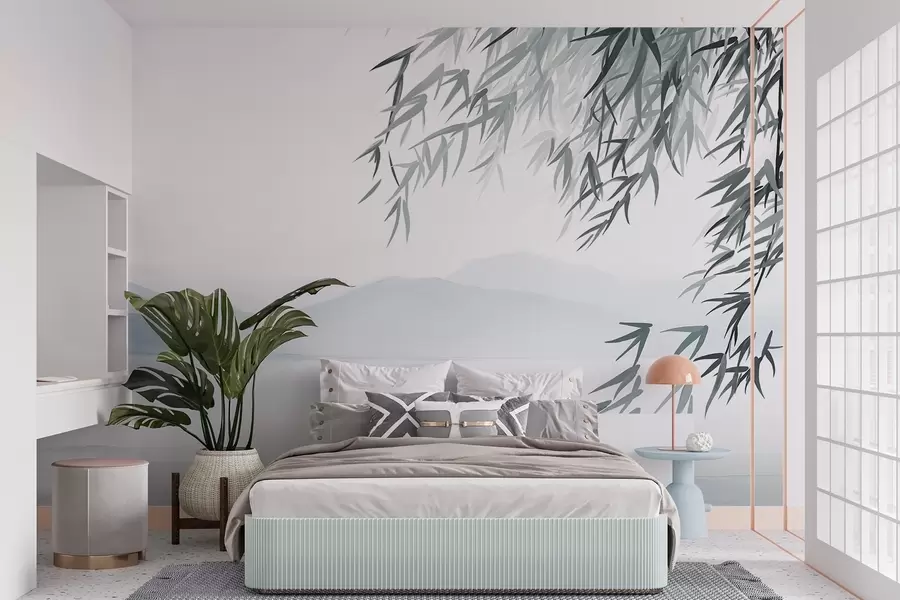 carta da parati Foglie di bambù sospese su un lago con montagne sullo sfondo, toni tenui del blu e del bianco, stile pittura con lavaggio a inchiostro nr. w09048