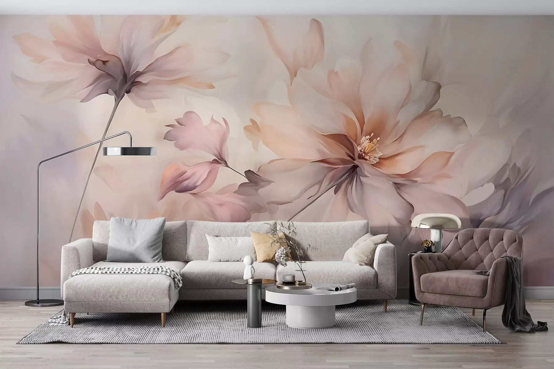 carta da parati Una delicata arte floreale con grandi fiori color pastello dai petali traslucidi, steli morbidi e uno sfondo delicatamente diffuso  nr. w09050