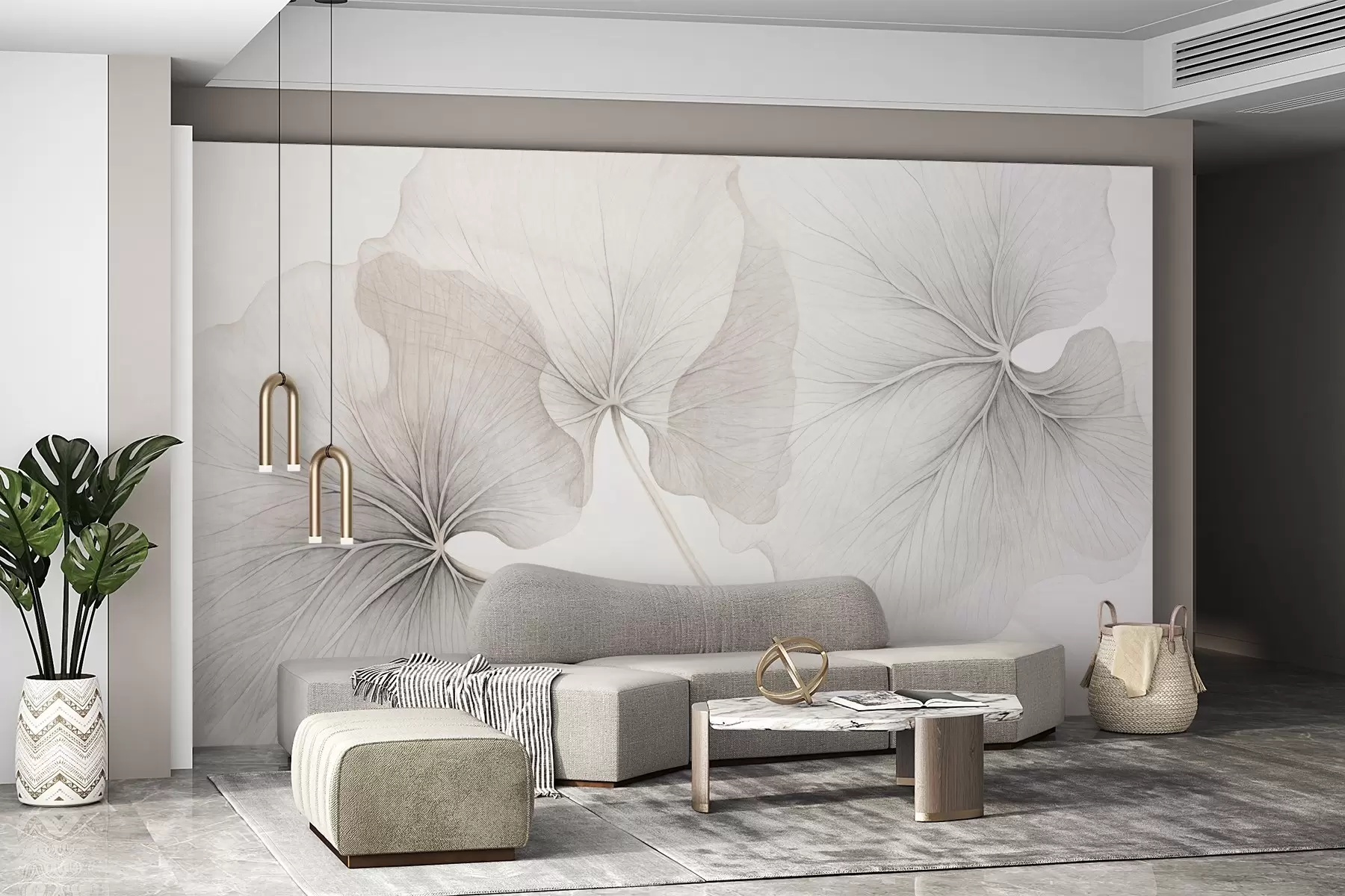 carta da parati Tre foglie traslucide con venature visibili, con struttura a rumore leggermente sovrapposte, con steli sottili su sfondo bianco nr. w09052