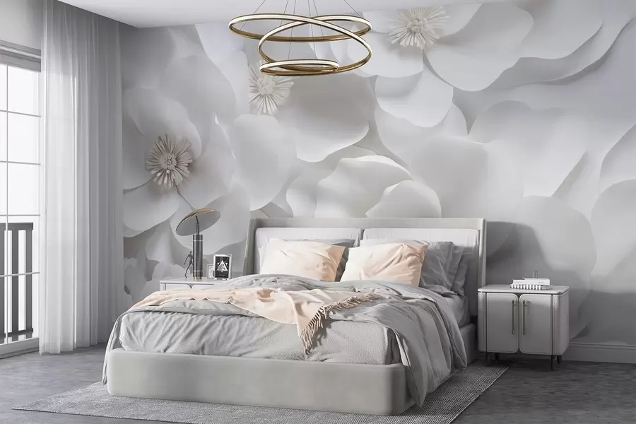 Carta da parati 3D Fiori Fiori bianchi dai petali delicati, disposti in un denso grappolo, che creano un senso di purezza ed eleganza su sfondo bianco n. w09053