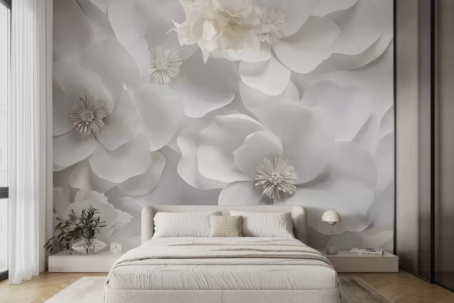 Carta da parati 3D Fiori Fiori bianchi dai petali delicati, disposti in un denso grappolo, che creano un senso di purezza ed eleganza su sfondo bianco n. w09053