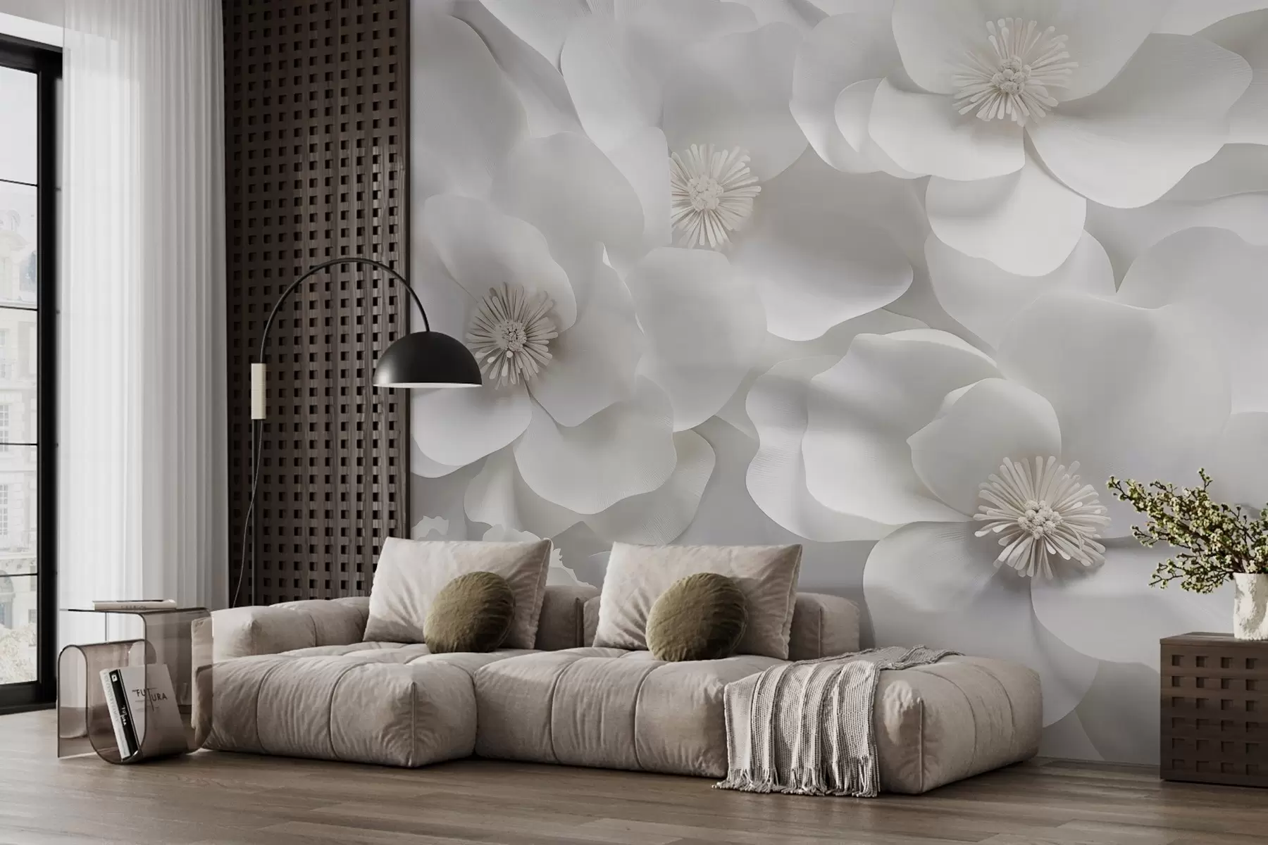 Carta da parati 3D Fiori Fiori bianchi dai petali delicati, disposti in un denso grappolo, che creano un senso di purezza ed eleganza su sfondo bianco n. w09053