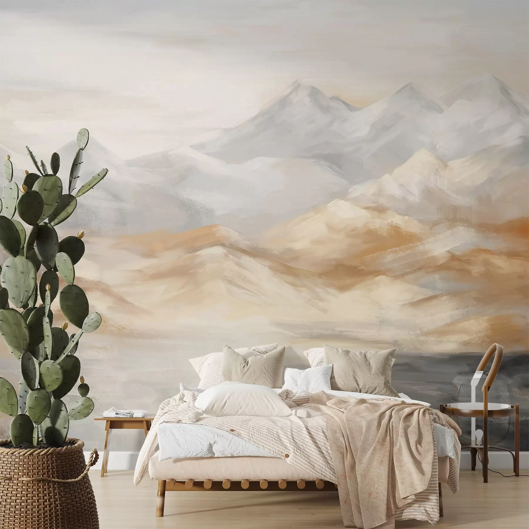 Carta da parati nature Paesaggio strutturato con montagne e lago in primo piano, nei toni del bianco, del grigio e del marrone 