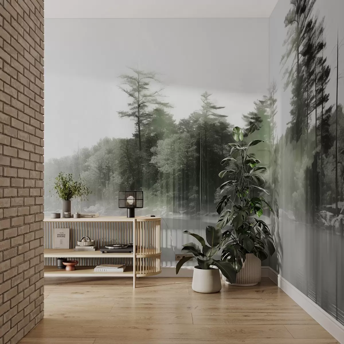 carta da parati Paesaggio astratto minimalista strutturato con un lago e alberi riflessi nell'acqua in tonalità verde e bianco nr. w09058