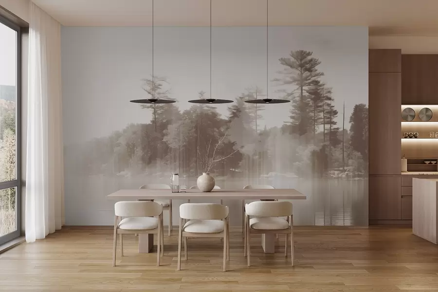 Carta da parati nature Paesaggio astratto e minimalista con un lago e alberi che si riflettono nell'acqua nei toni del beige e del bianco 