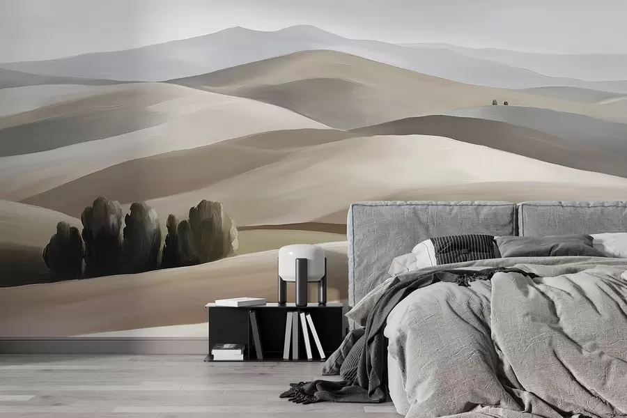 Carta da parati nature Paesaggi con alberi, Toscana, colori beige e grigio, stile olio 