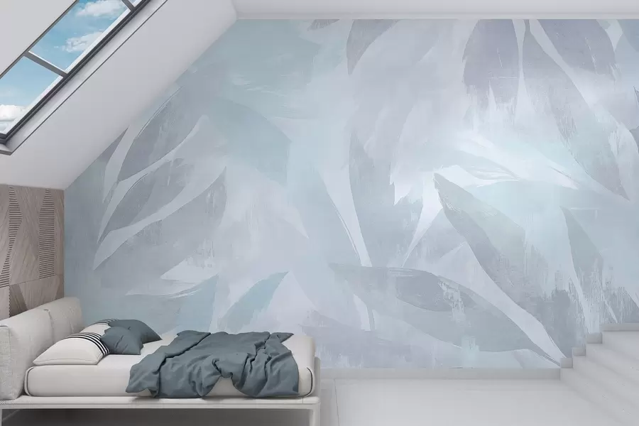 carta da parati Foglie tropicali, floreali, palme, stile pastello, colori blu nr. w03881v2