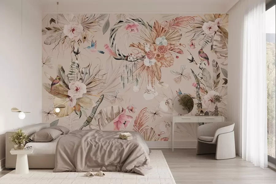 Carta da parati Floreale Ornamento in stile boho con fiori di peonia e uccelli, stile acquerello, colori tenui n. w03885v3