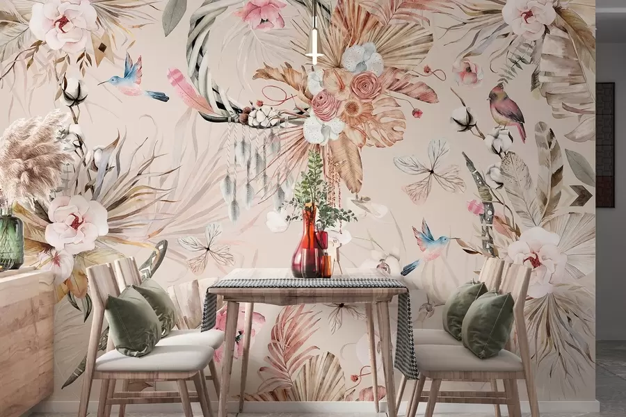 Carta da parati Floreale Ornamento in stile boho con fiori di peonia e uccelli, stile acquerello, colori tenui n. w03885v3