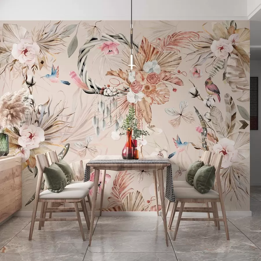 Carta da parati Floreale Ornamento in stile boho con fiori di peonia e uccelli, stile acquerello, colori tenui n. w03885v3