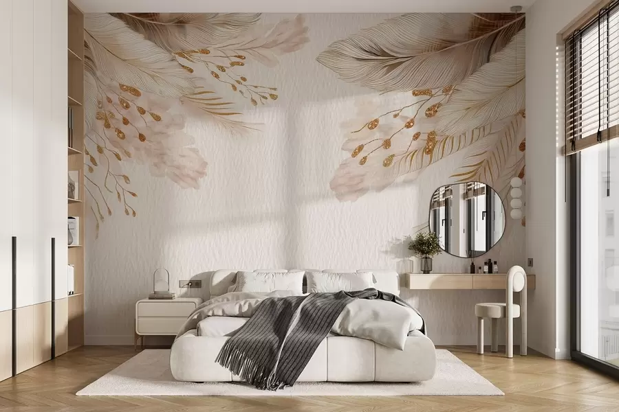 carta da parati Erba della pampa e piume in stile acquerello in beige e bianco su carta nr. w09079