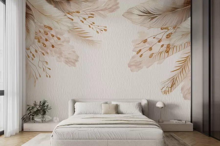 carta da parati Erba della pampa e piume in stile acquerello in beige e bianco su carta nr. w09079