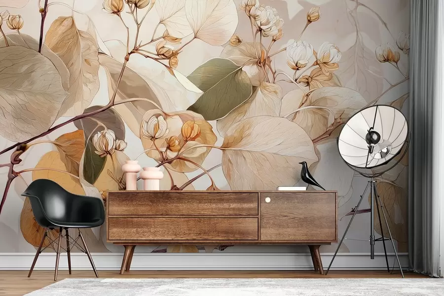 Carta da parati nature Rami di foglie e fiori di pioppo in stile pittura a olio nei toni del beige 