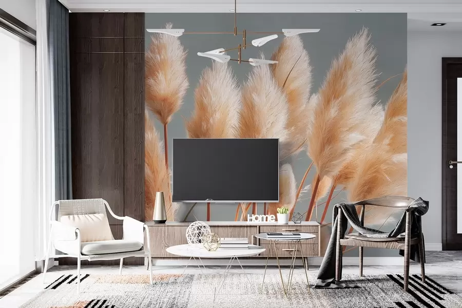 Carta da parati nature Erba di pampa beige su sfondo grigio-blu 