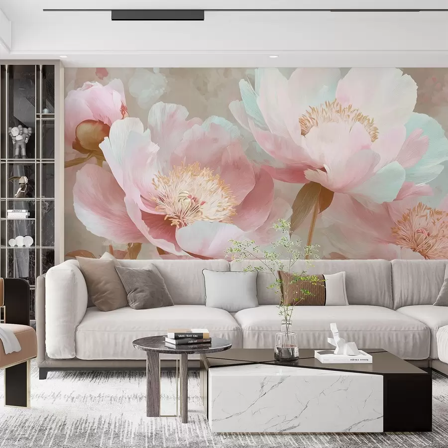 Carta da parati Floreale Delicate peonie nei toni del rosa e del beige n. w09087v1