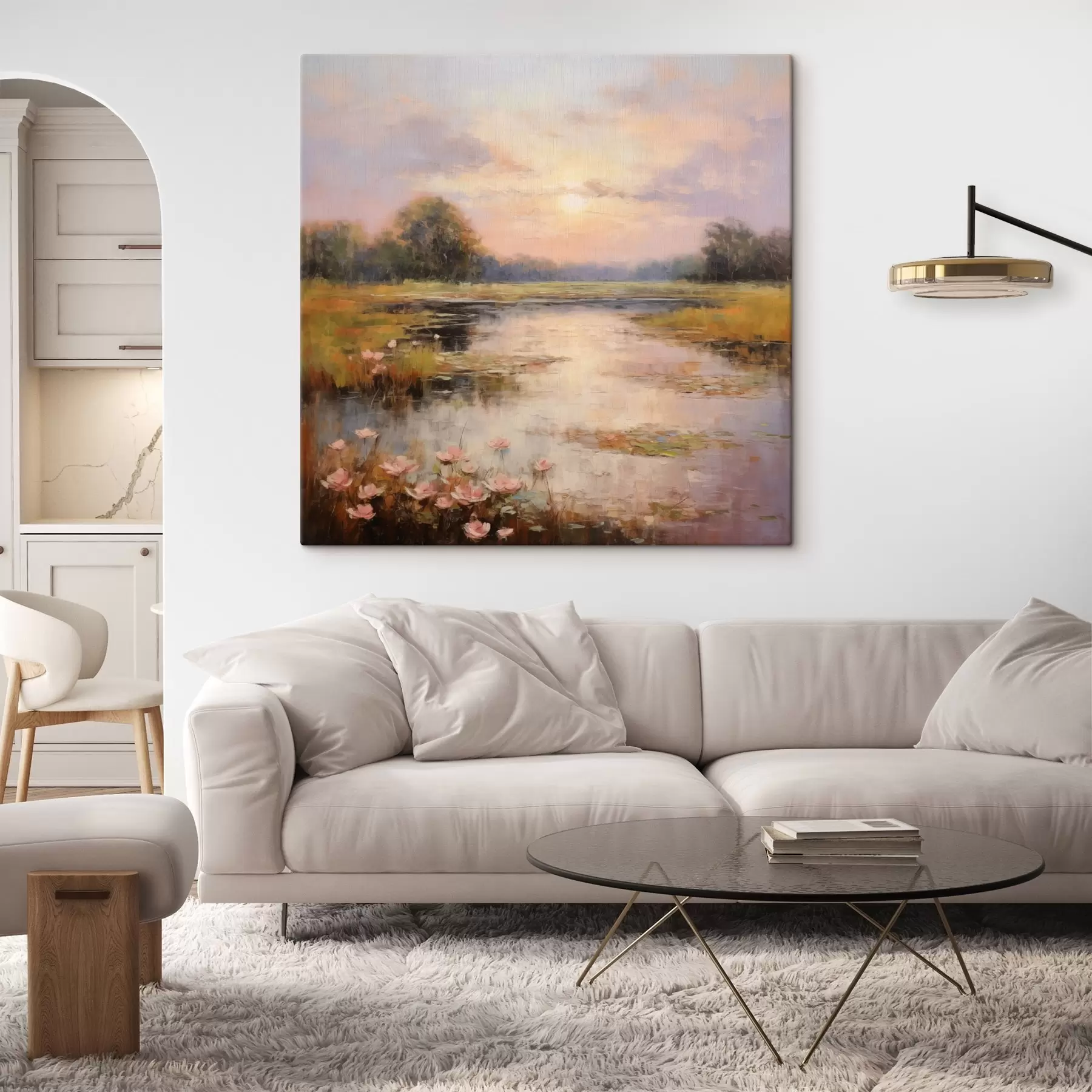 carta da parati Corpo idrico con fiori al tramonto nr. s44044