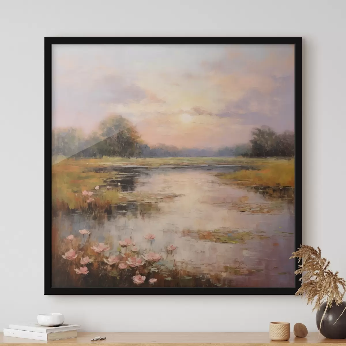 Poster Corpo idrico con fiori al tramonto f44044