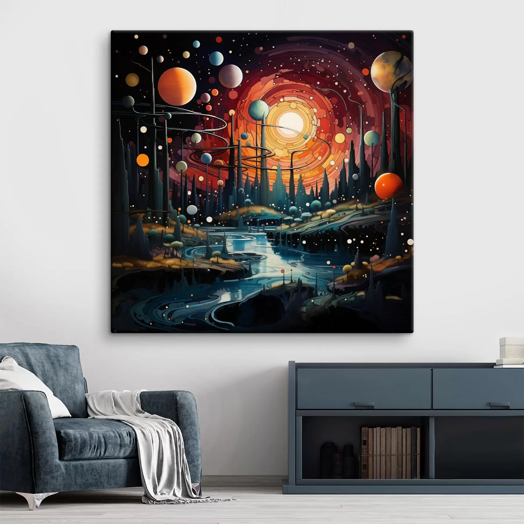 carta da parati Paesaggio luminoso e fantastico di un mondo alieno con pianeti e un fiume nr. s44249