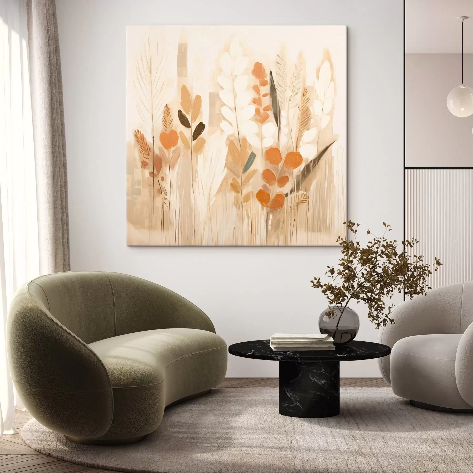 carta da parati Calda astrazione con erbe di campo e fiori in una tavolozza beige-arancio in stile Art Nouveau nr. s44252