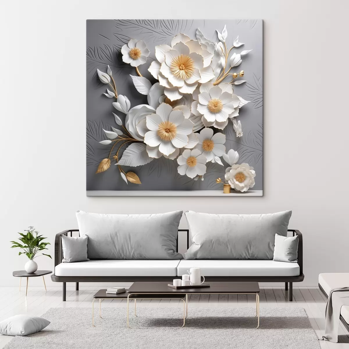 carta da parati Voluminosi fiori bianchi su sfondo grigio in stile 3D nr. s44253