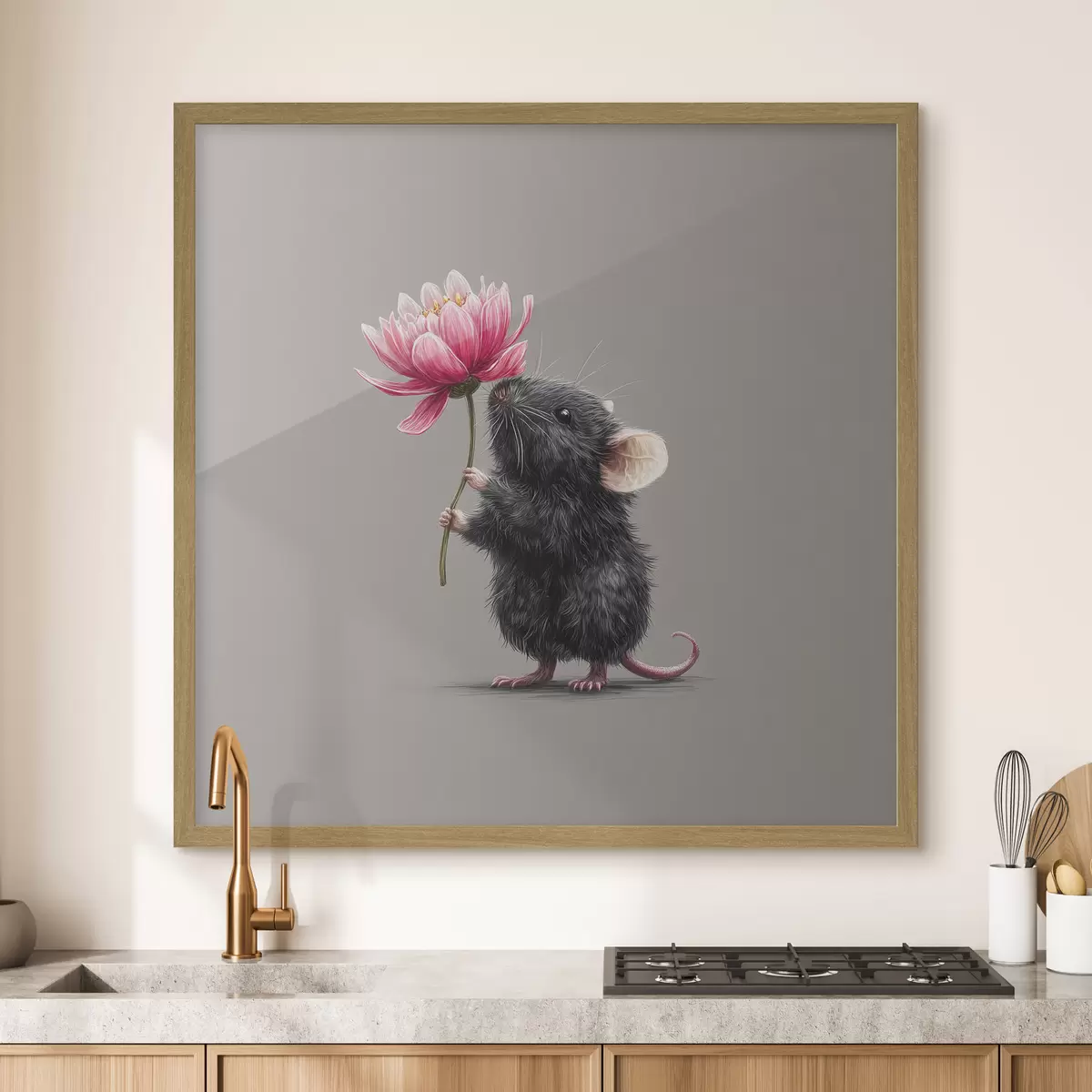 Poster Un grazioso topo che aspira l'aroma di una peonia rosa f44248