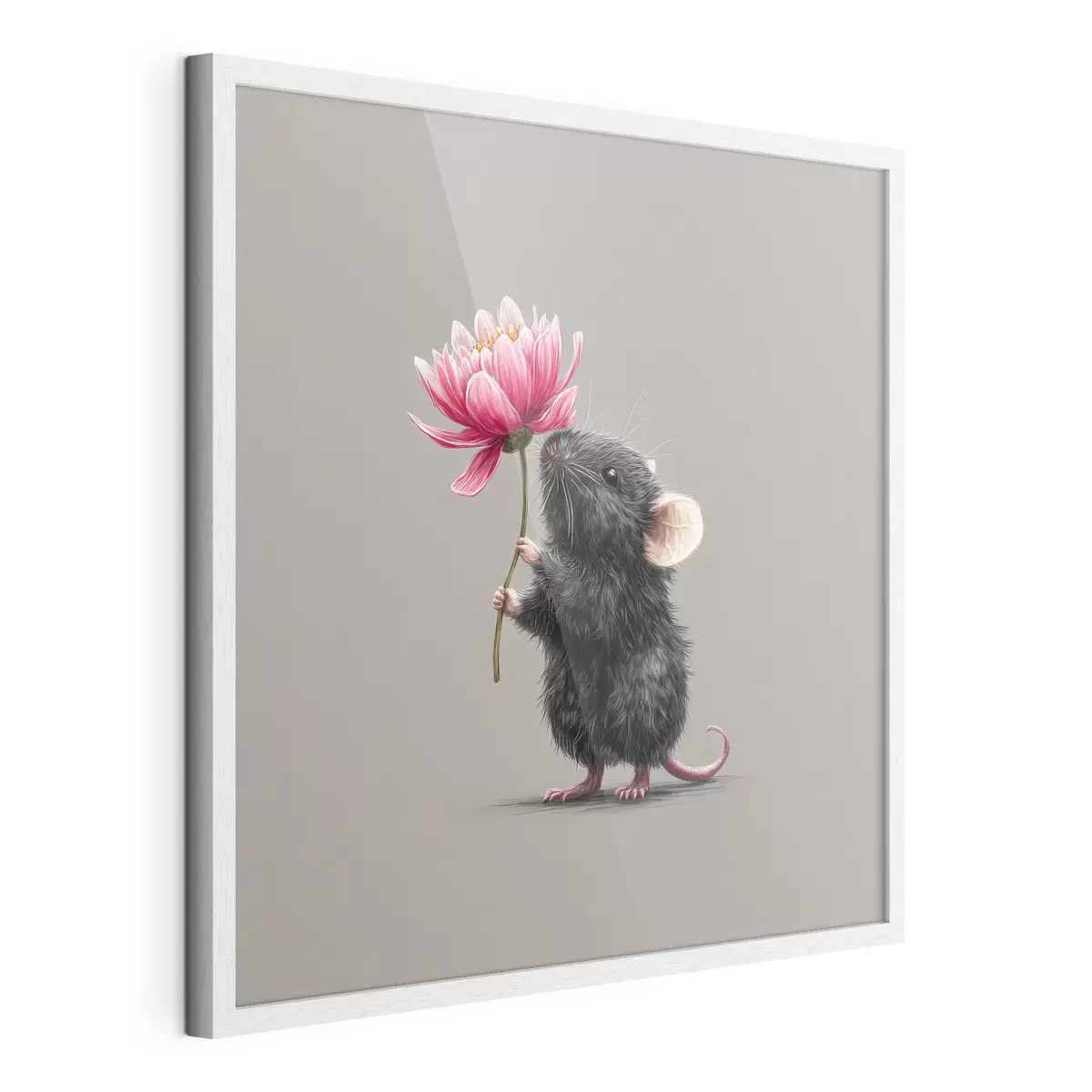 Poster Un grazioso topo che aspira l'aroma di una peonia rosa f44248