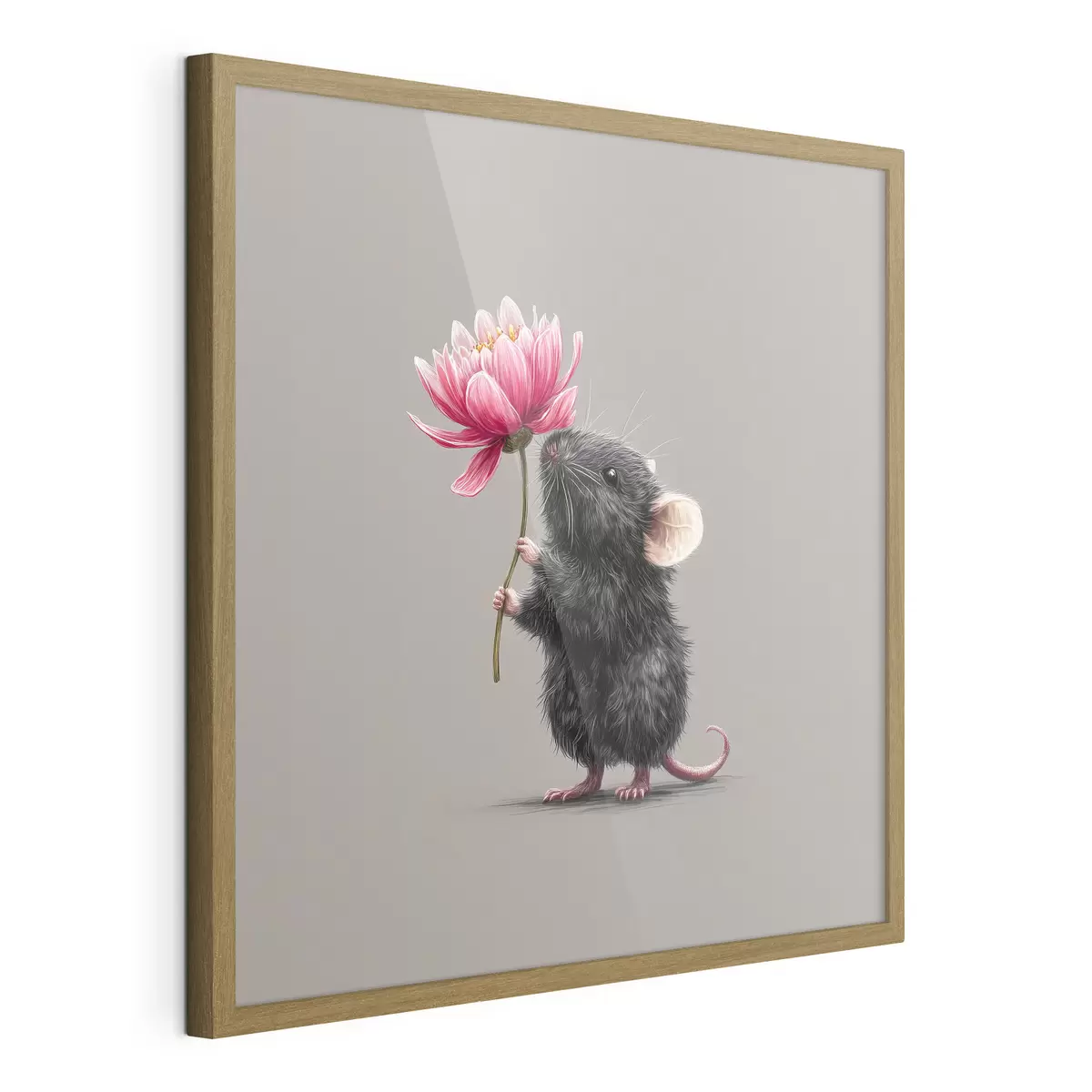 Poster Un grazioso topo che aspira l'aroma di una peonia rosa f44248