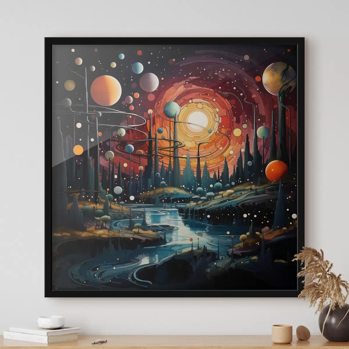 Poster Paesaggio luminoso e fantastico di un mondo alieno con pianeti e un fiume f44249