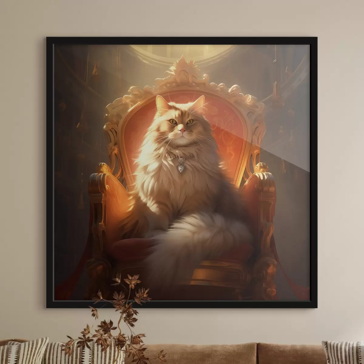 Poster Gatto regale con occhi d'ambra su un trono tra i raggi della gloria in stile barocco f44250