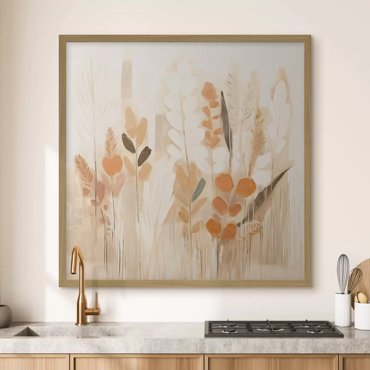 Poster Calda astrazione con erbe di campo e fiori in una tavolozza beige-arancio in stile Art Nouveau f44252