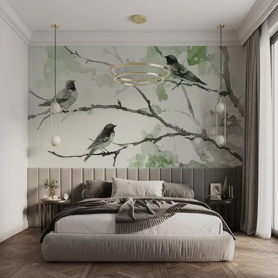 Carta da parati nature Uccelli sui rami degli alberi in stile acquerello 